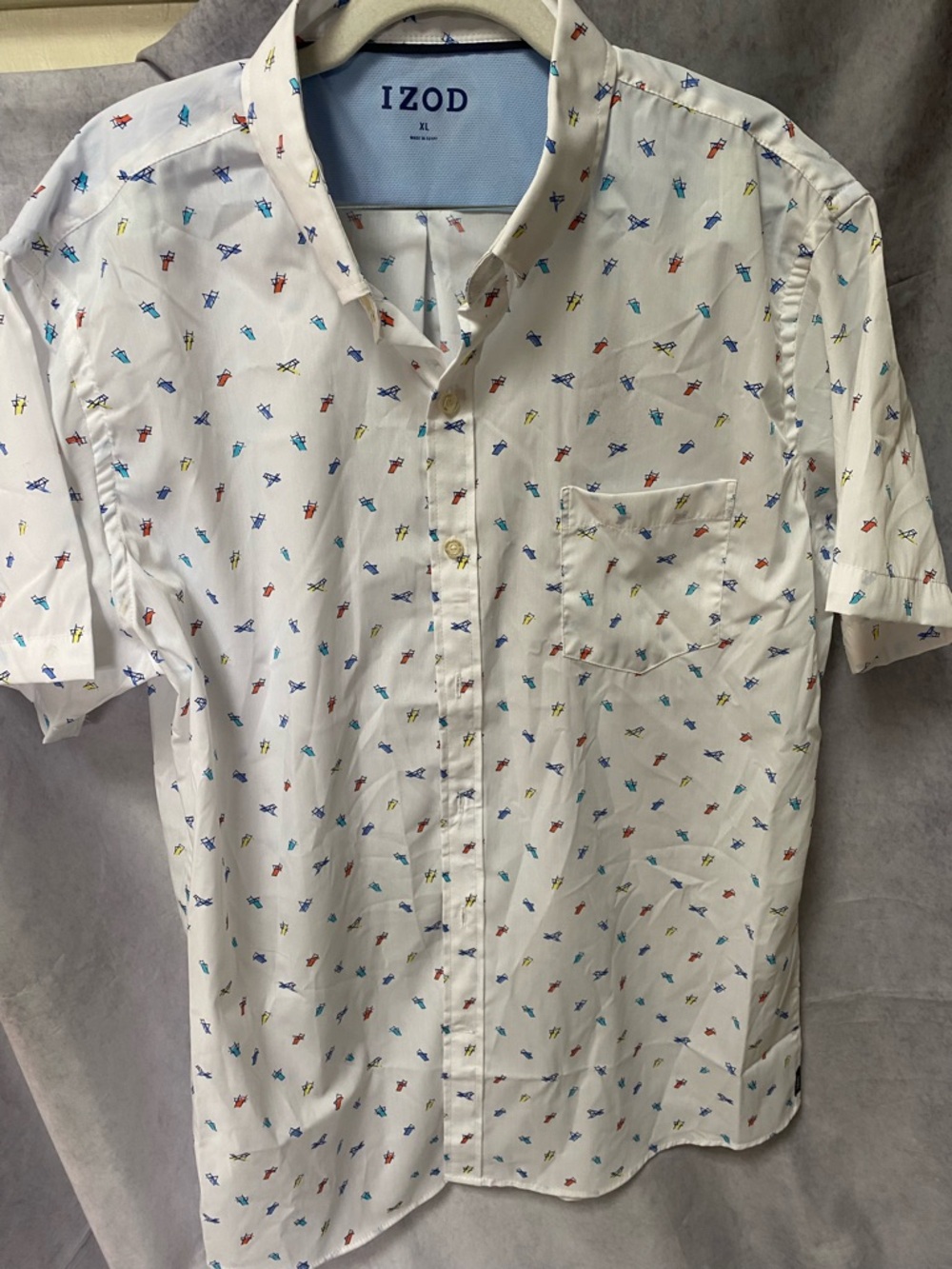 Izod White Short-Sleeve Button-Down Shirt with Multicolor Micro